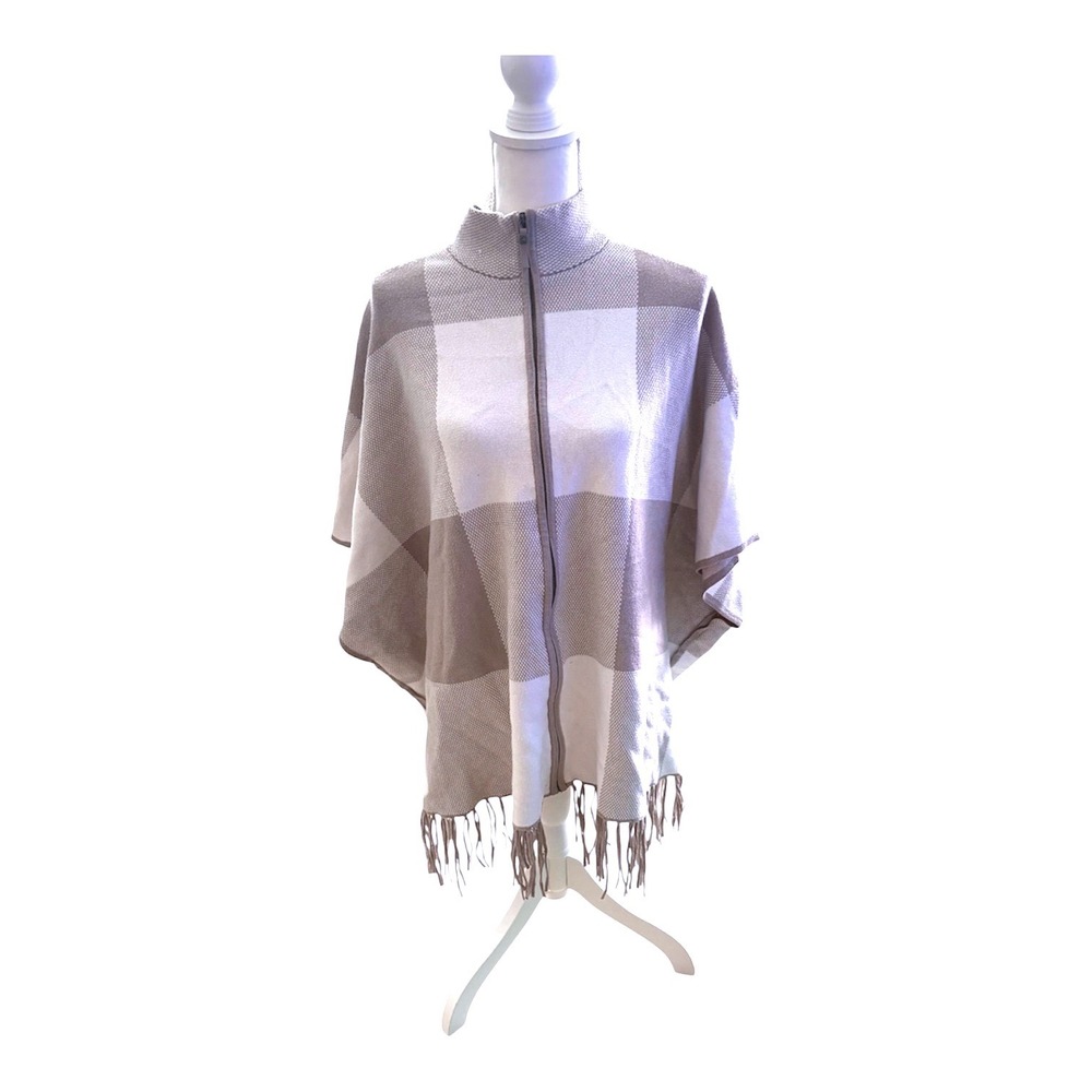 Christian Siriano L/XL Taupe Cream Buffalo Check Zip Front Fringe Poncho Cape